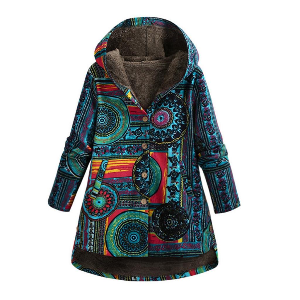 Winter New European American Women's Cotton Linen Printed Hoodie Warm Fleece Coat In Stock