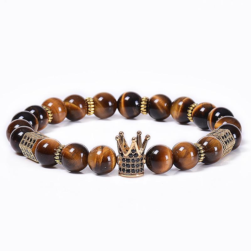Natural Tiger Eye Stone Crown Bracelet, Natural Stone Copper Micro Inlaid with Zircon, Hexagonal Elastic Bracelet