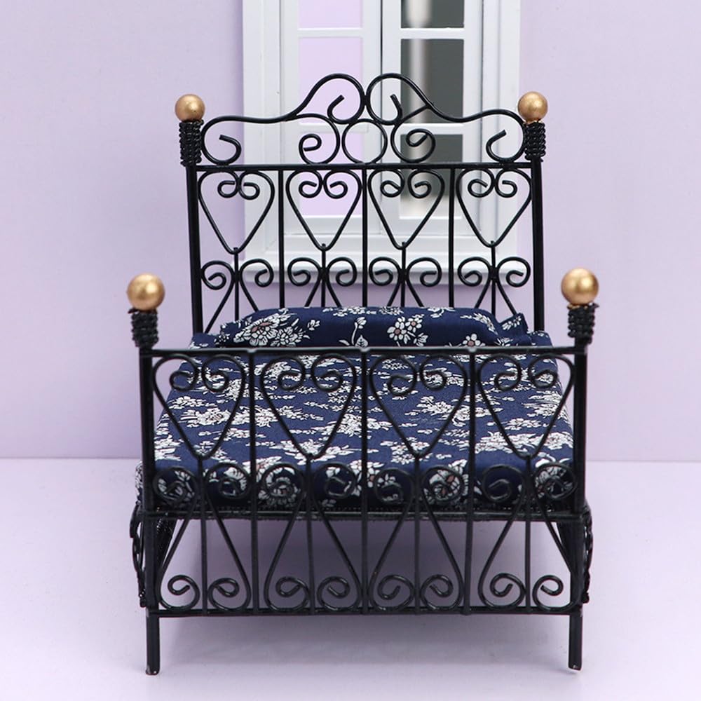 moin moin miniature furniture dollhouse bed frame futon gothic black gold floral blue navy flower antique retro 2311mini35 1/12 112 (with & pillow)