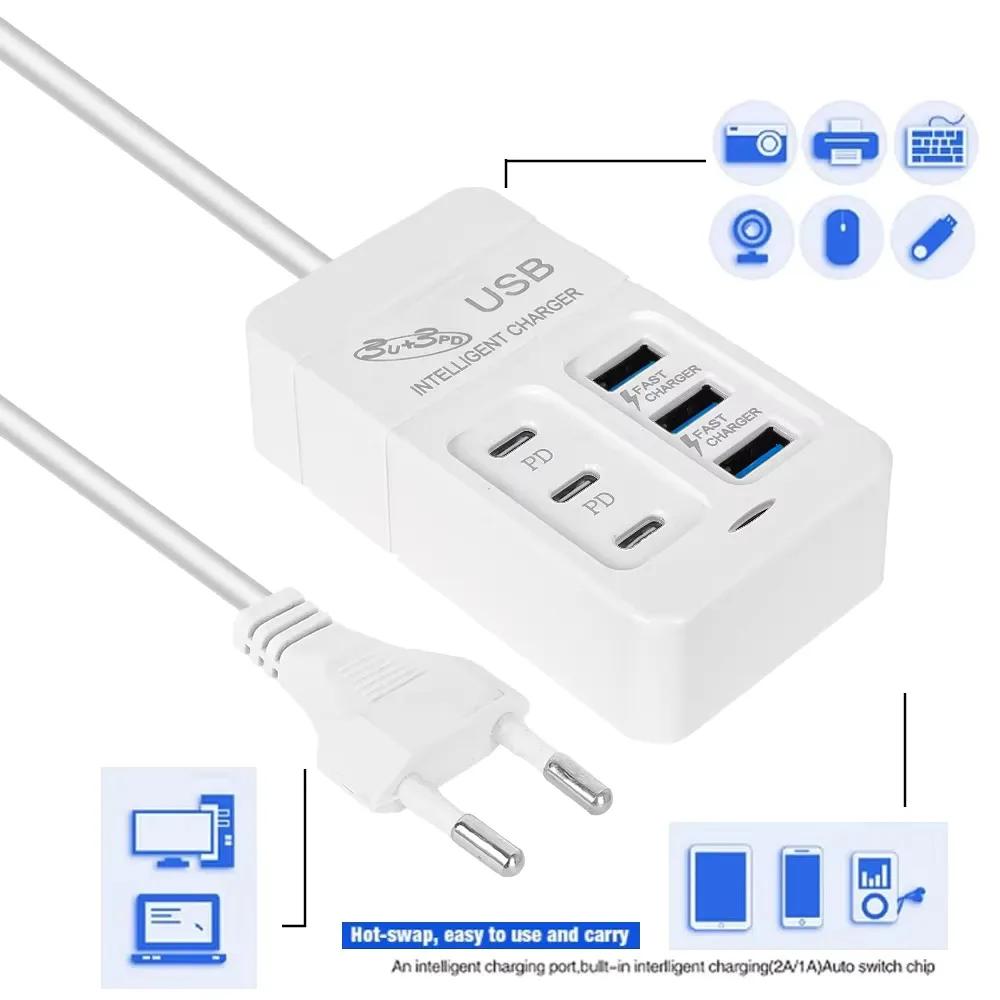 6 IN 1 USB Charger 35W PD Type C Fast Charge Charger Wall Phone Adapter Quick Charger 3.0 USB Hub EU US Plug USB Charger