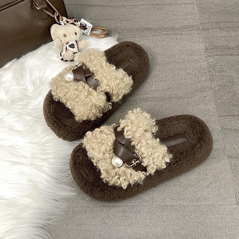 Thick-bottomed Fluffy Slippers for Women's Outerwear 2025 Autumn New Fashion Belt Buckle Lazy Casual Teddy Curly Slippers