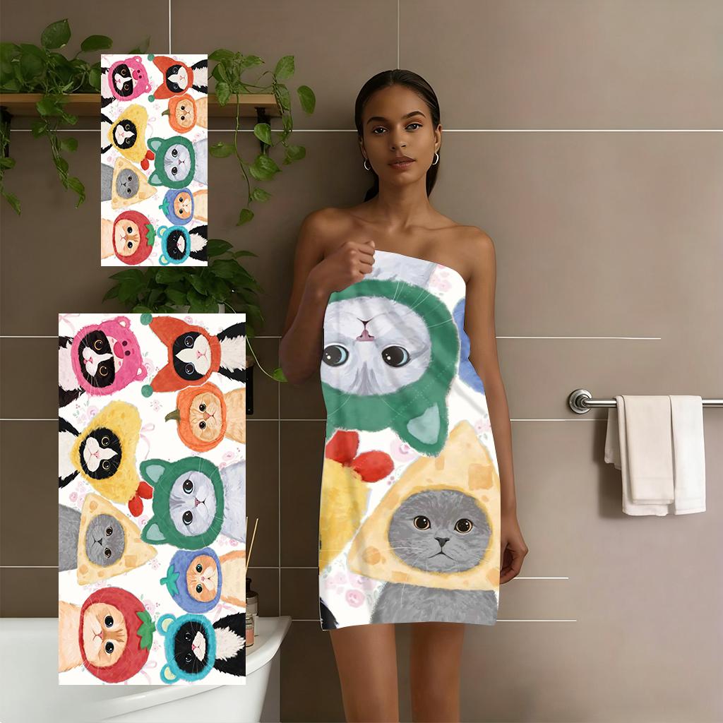 Cute Cat Print Beach Towel, Funny Cat In Fruit & Animal Hats Bath Towel, Soft Microfiber Towel for Swimming, Travel, Camping