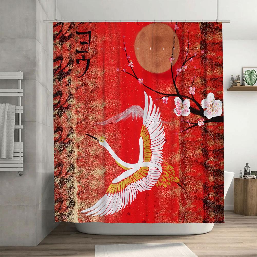 Unique Modern Red Shower Curtain with White Crane Design Perfect for Bathroom Decor