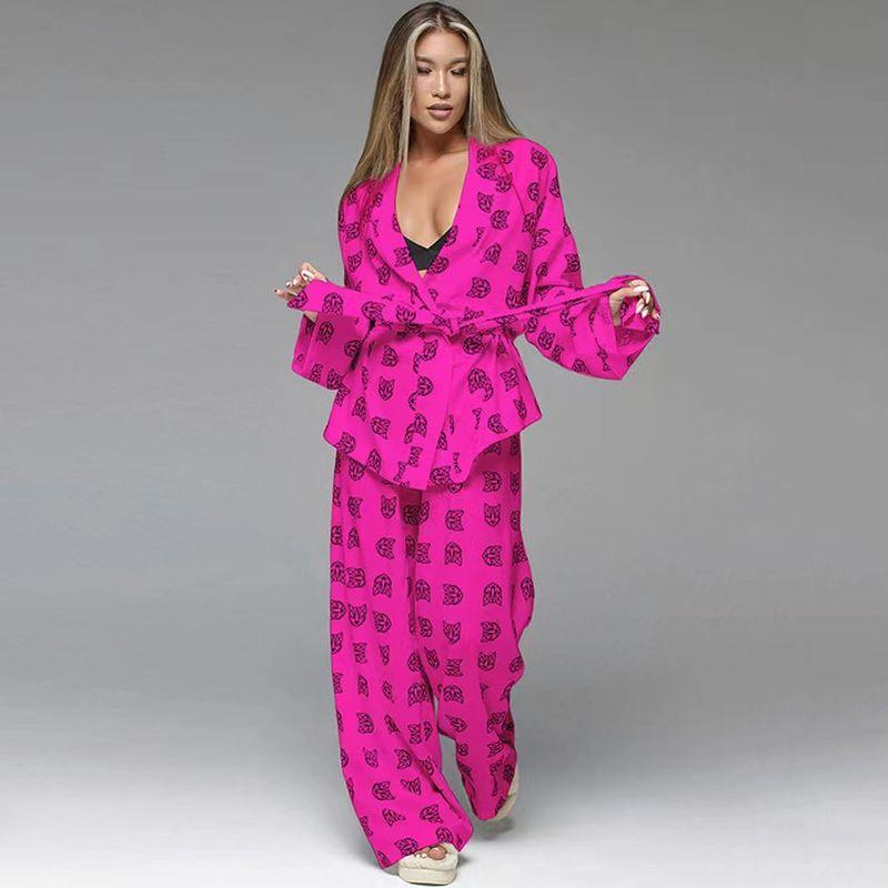 

Western Style Loose Print Top Trousers Set Lace up Cardigan Top and Pants Set Rose Red L