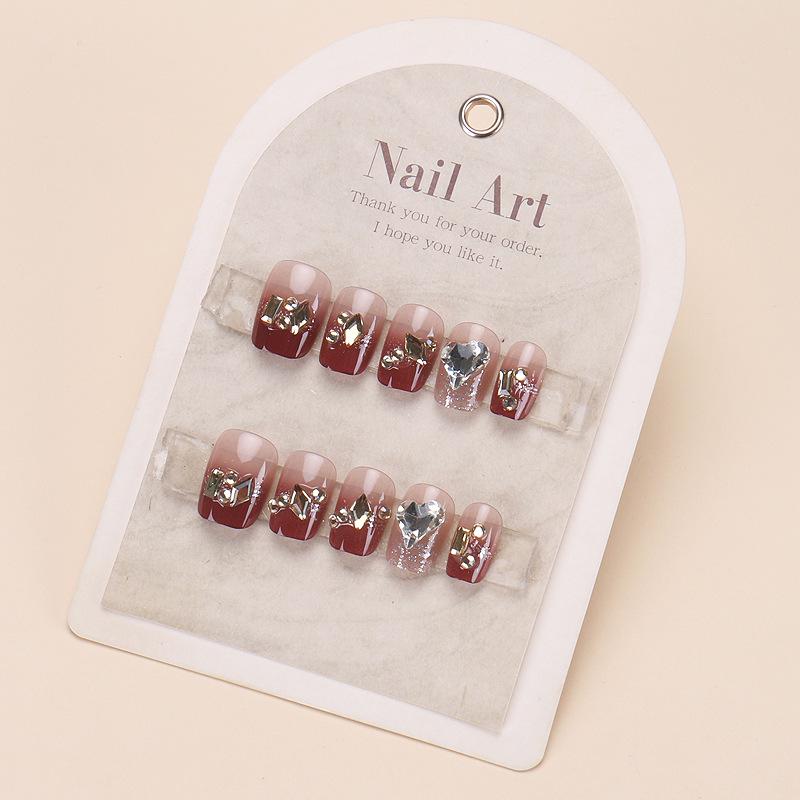 

Handmade Champagne Rhinestone French Nail Art Tips - Wine Red New Year Style Glue Style