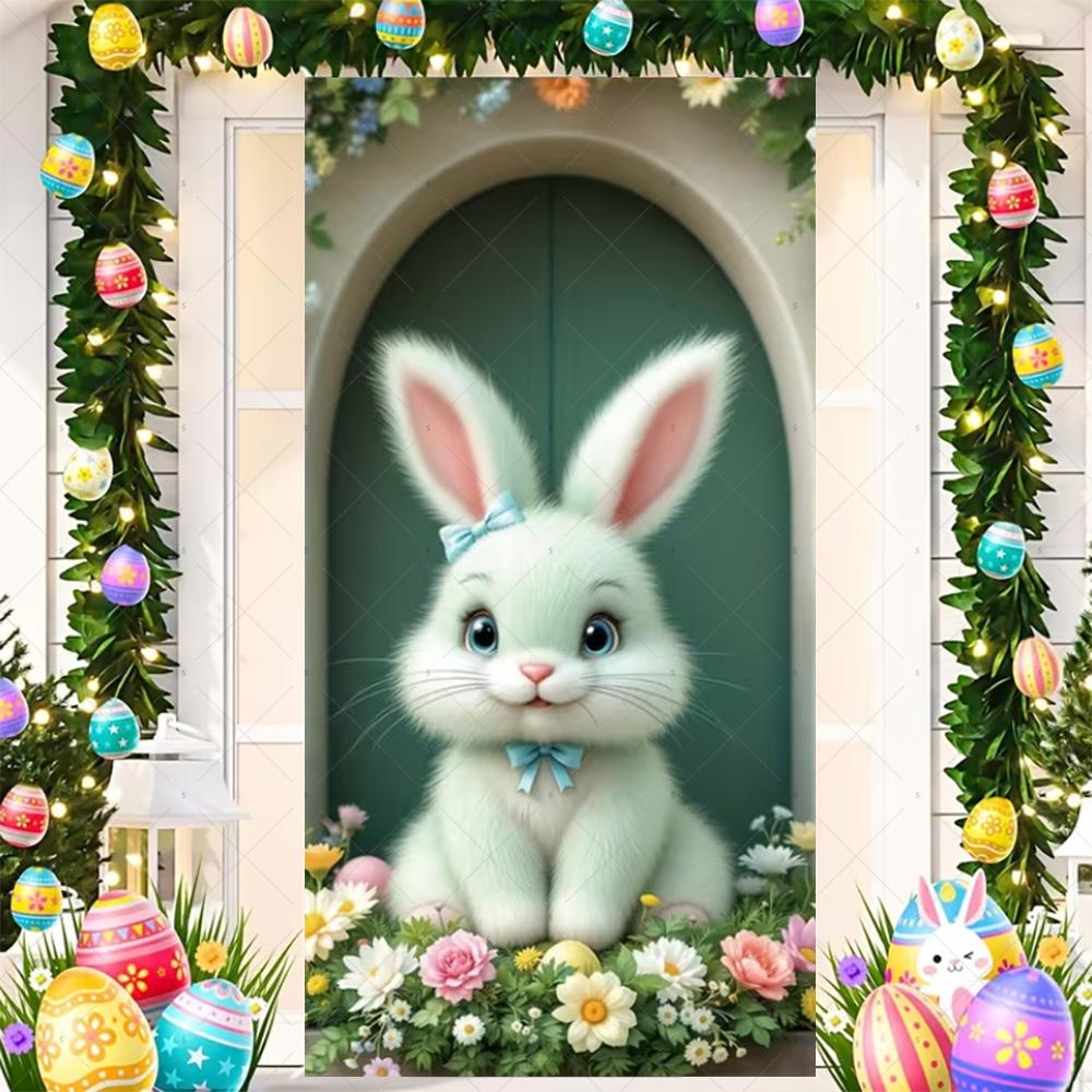 Happy Easter Cute Bunny Door Cover Backdrop Spring Garden Floral Easter Egg Background Easter Party Decoration Photo Shoot Props