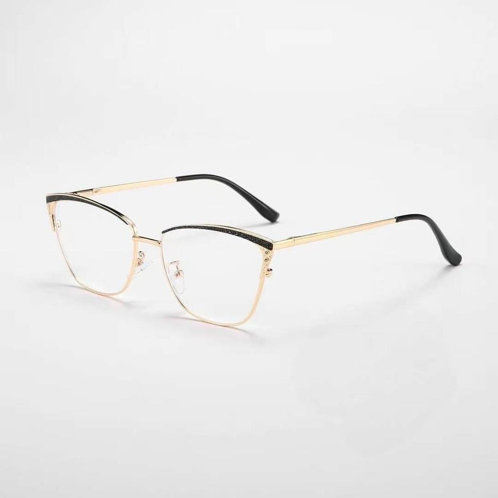 Fashion new trend European and American women fashionable metal cat eye frame spring leg personalized versatile anti-blue flat mirror