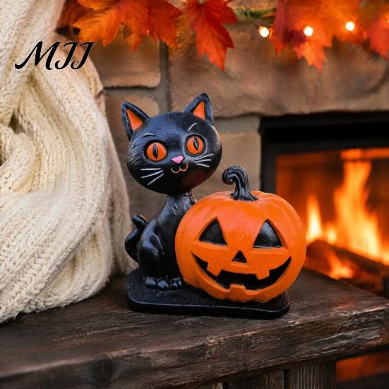 Unique Seasonal Home Ornaments Halloween Black Cat Pumpkin Skull Resin Statue, Cute Decoration for Exquisite Three Dimensional Crafts Indoor