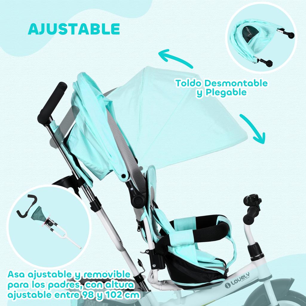 Baby Tricycle, 12+ Months, Telescopic Push Handle, Mom Bag, Bottle Holder, Mint Green