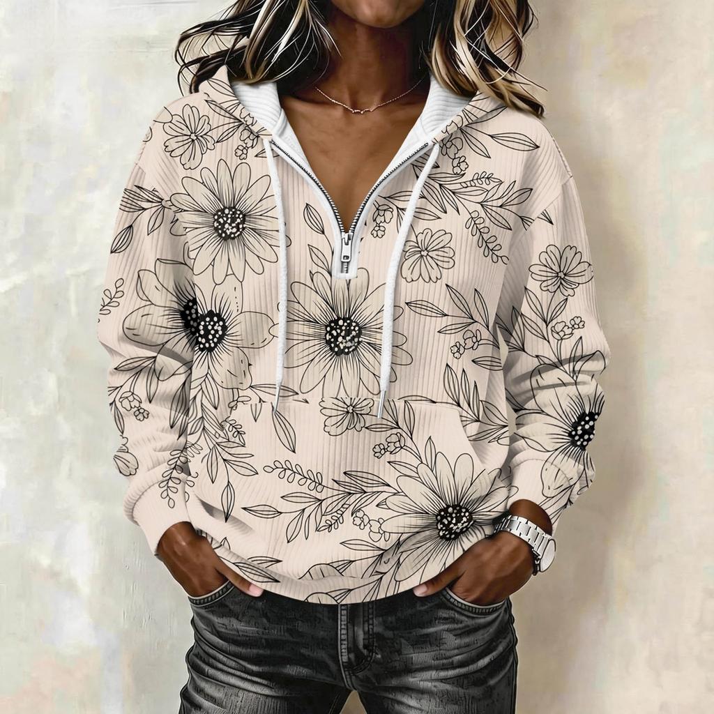 Women's Retro Print Long Sleeve Pullover Hoodie with