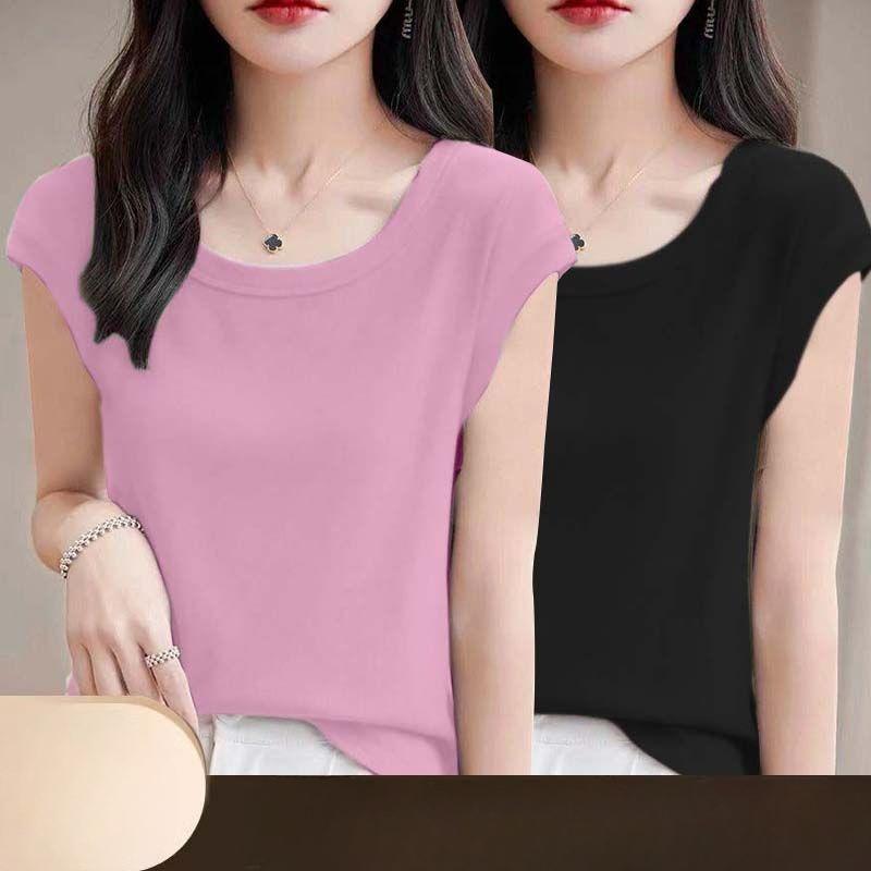 Women Modal T Shirt Short Sleeve Summer Slim Fit Flutter Sleeve Round Neck Comfortable Casual Tee
