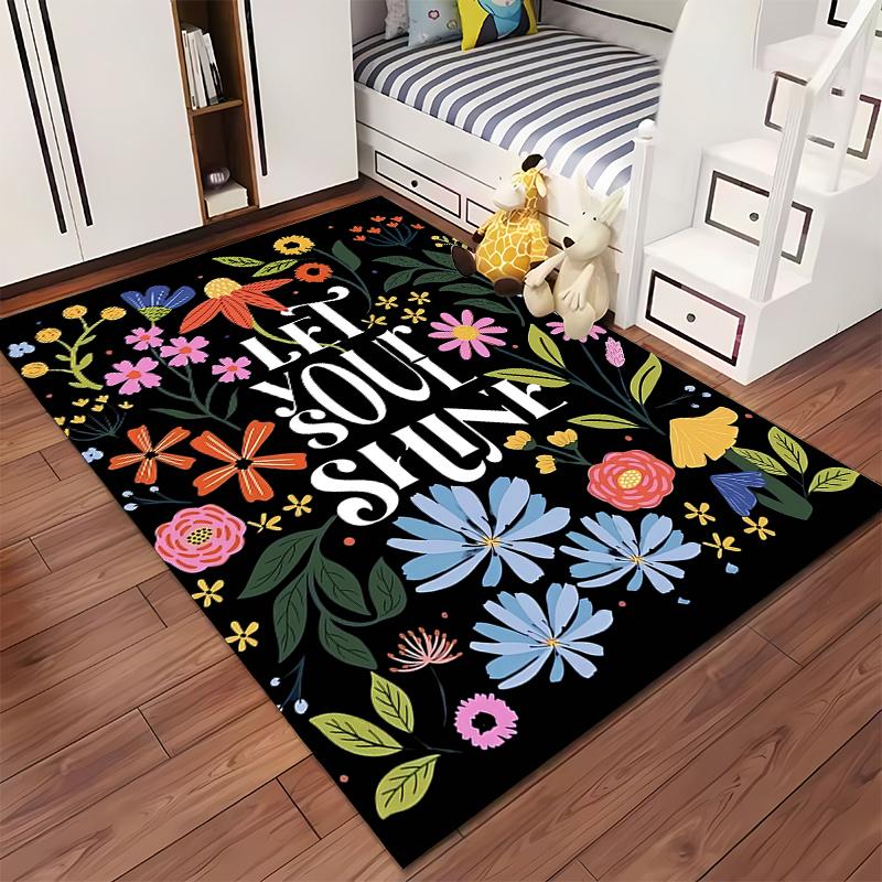Floral Black Carpet with "Let Your Soul Shine" Text Design Suitable for Use As an Anti-slip for Living Room Bedroom Sofas