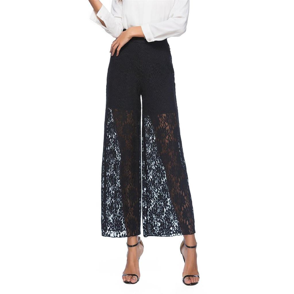 Wide Leg Pants For Women Summer Elastic High Waist Loose Hollow Hook Flower Lace Beach
