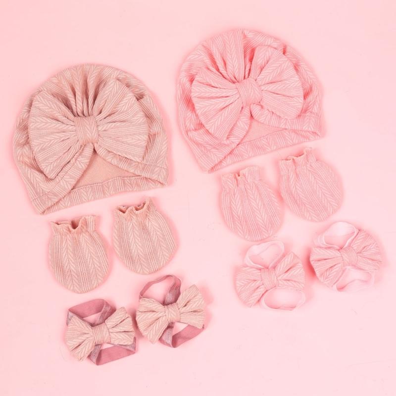 Baby Turban Hat Hospital Nursery Hat with Gloves & Feet Bowknot Newborns Soft Bonnet Caps Set for Baby 0-3 Month