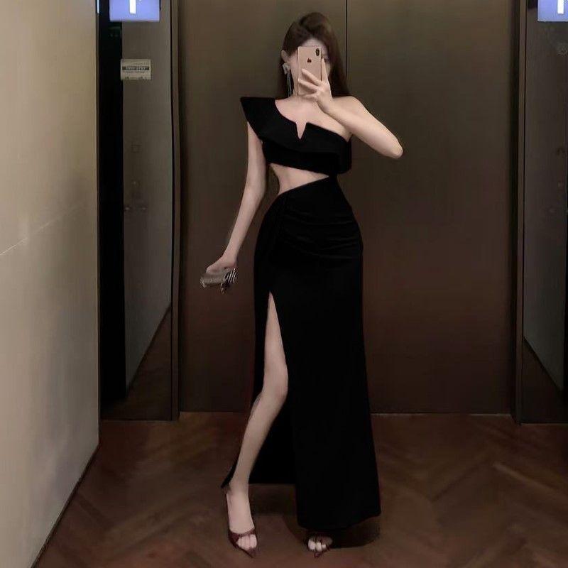 Nuovo Elegante e Sexy Abito da Sera Lungo Asimmetrico a Vita Alta Monospalla con Spacco per Socialite, Adatto per Cene Formali e Abiti da Cocktail
