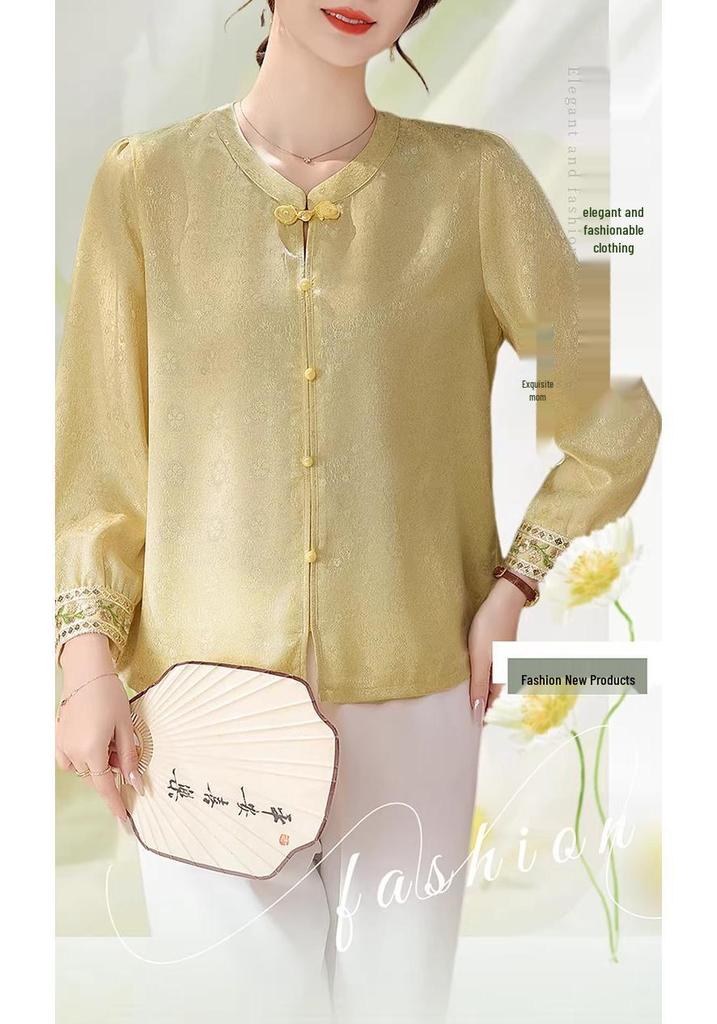2026 New Arrival: Mom's Stylish Chinese-Style Blouse - Spring Outfit for Middle-aged & Elderly Women, Round Neck, Lightweight Fabric
