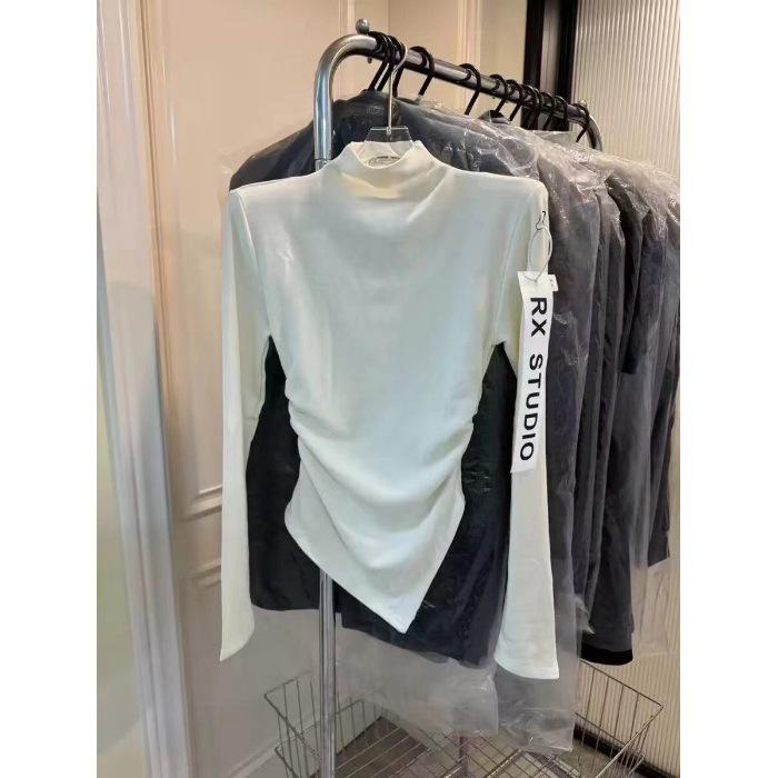 

Korean Style Semi-High Neck Long Sleeve Top - Women s Trendy Autumn/Winter Shirt with Side Slit Extra Large белый