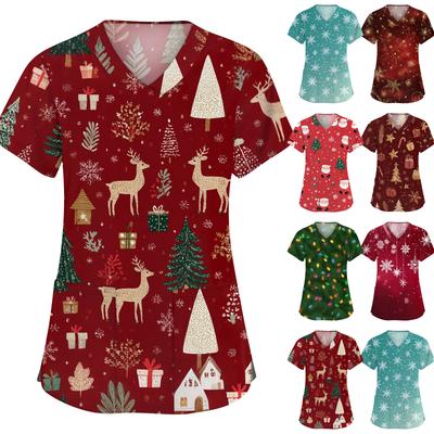Women's Fashion V-neck Short Sleeve Workwear With Pockets Christmas Printed Tops