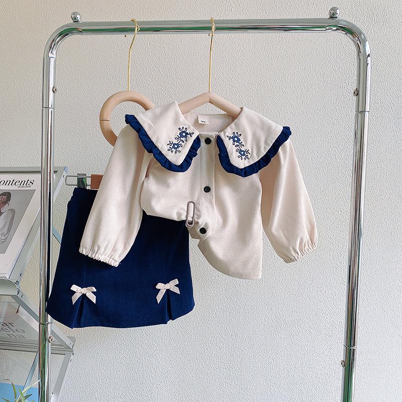 Spring Baby Girl Embroidered Lace Collar Shirt & Skirt Set Size 90