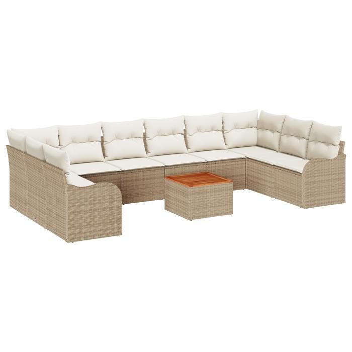 Ensemble de Canapé Jardin 10 Pièces avec Coussins Beige Rotin Poly Acacia, Canapé Jardin 2 Places avec Coussins Beige Rotin 3347498