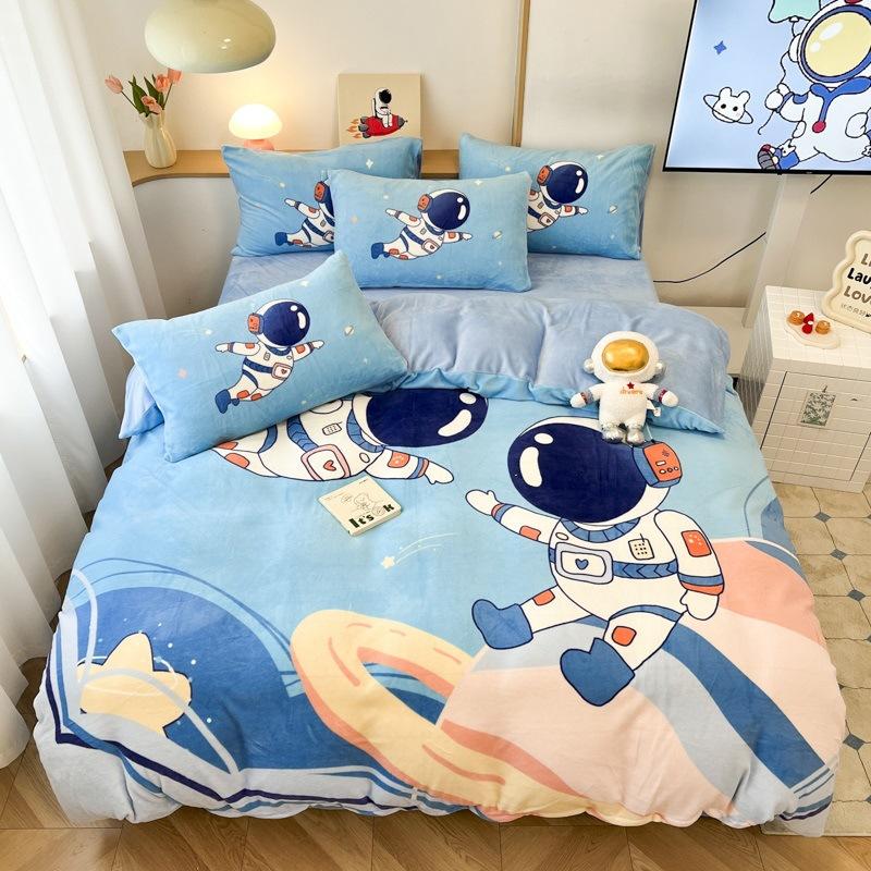 Thickened Milk Fleece Four-Piece Set, Fleece Astronaut Flange Coral Fleece Children'S Bed Sheet Quilt Cover Three-Piece Set Men