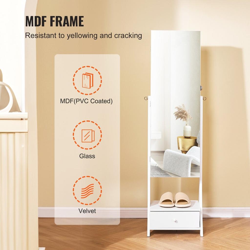 Mirror Jewelry Cabinet Standing Mirror with Storage Full Length White
