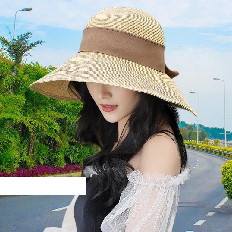 

Japanese Bow Straw Hat Wide Brim Women Shaping Summer Sun Hats For Girls UV Protection UPF 50+ Vacation Beach Party Elegant Caps 56-58cm темно-коричневого кольору