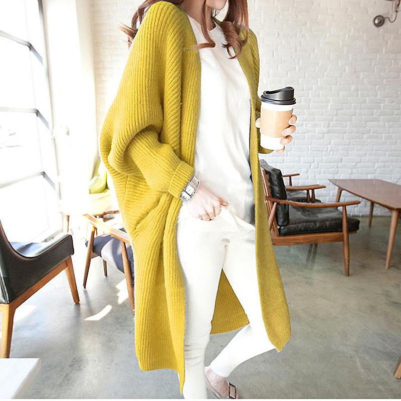 Autumn and Winter  Women's Sweater Cardigan Jacket Medium Long Loose Casual with Bat Sleeves Irregular Design
