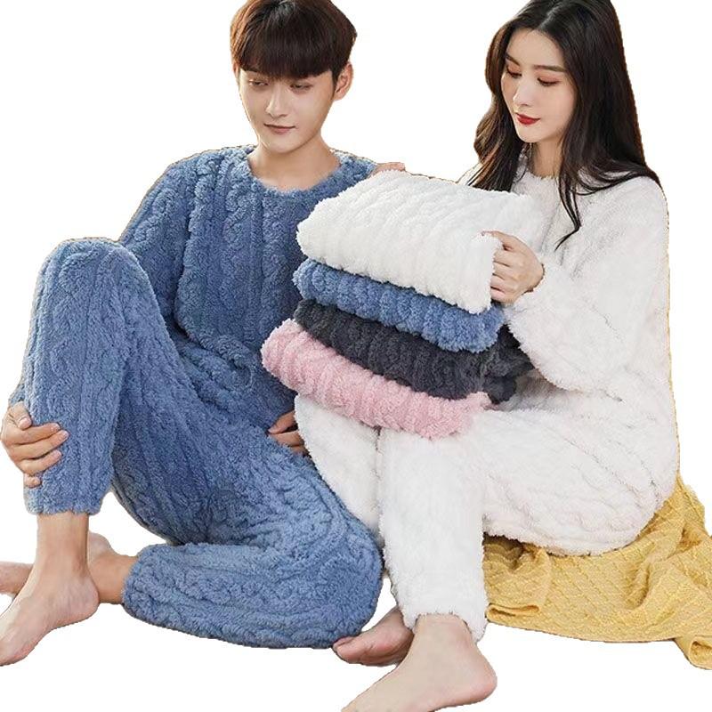 Thickened Jacquard Shu Cotton Fleece Pajama Set for Couples - Women's Solid Color Winter Homewear