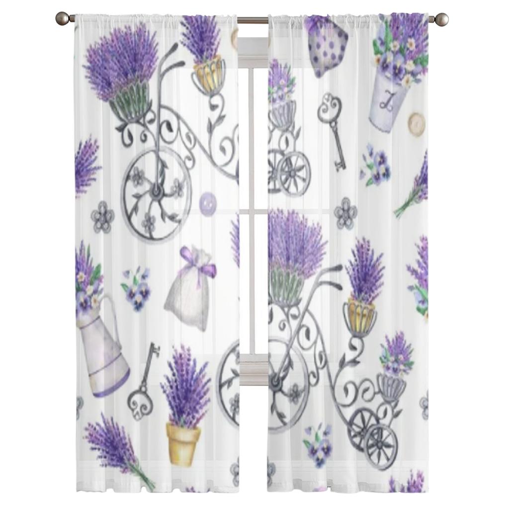 Purple Lavender And Bicycle Tulle Curtains For Living Room Decoration Modern Veil Chiffon Curtains Bedroom Sheer Voile
