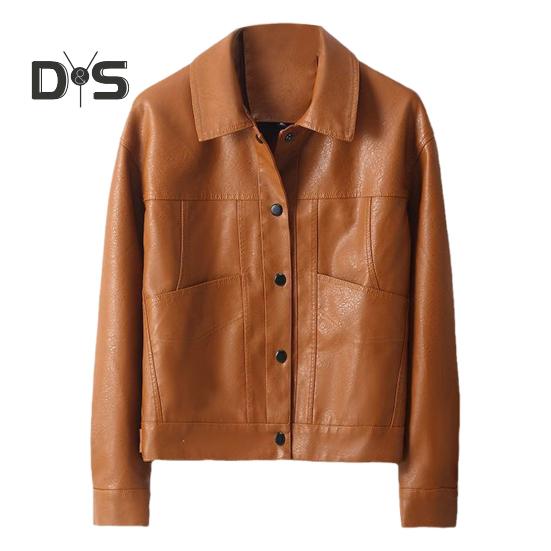 

Женская куртка из искусственной кожи с гладкой поверхностью, отложным воротником, однобортная, с длинными рукавами, карманами, ретро-пальто для мотоцикла, для офиса, для поездок на работу и путешествий XXL коричневый