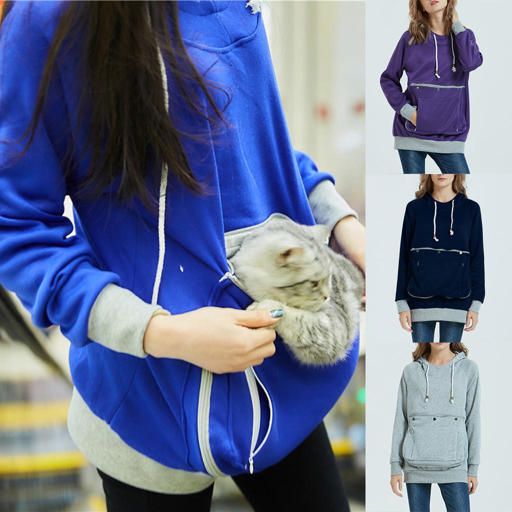 Fashion Women's Solid Big Pocket Long Sleeves Hooded Sweatshirt Blouse Tops