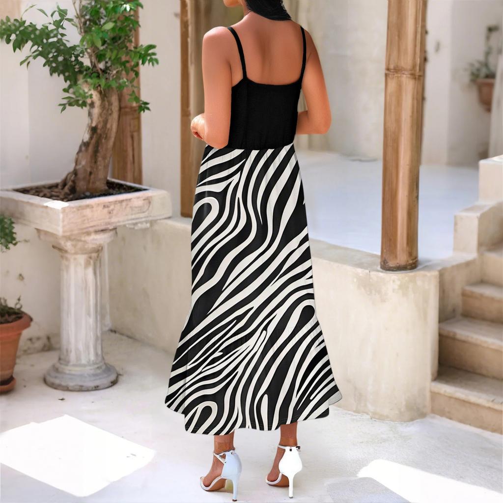 Women's Long Beach Casual Elegant Spaghetti Strap Maxi Dress Striped Low-key Flowing Bohemian Dress