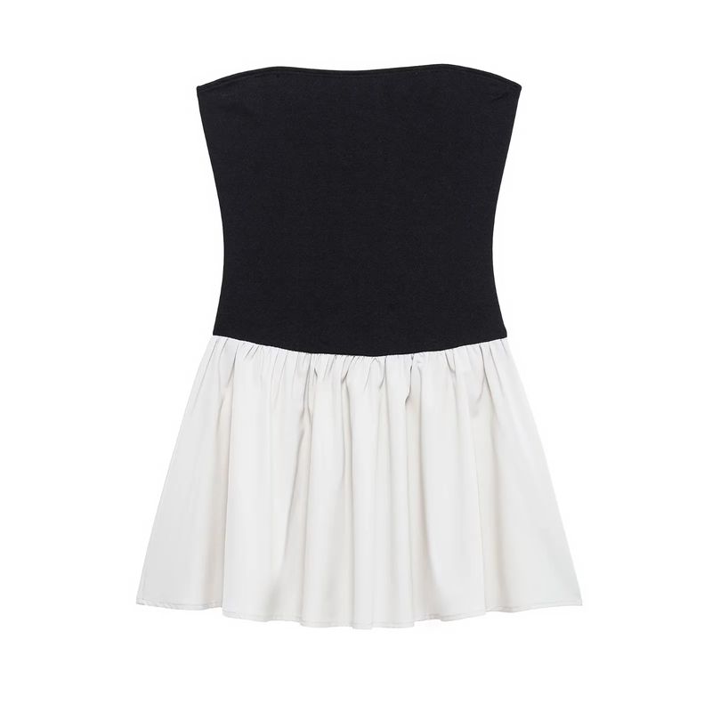 Women's Spring Clothing French Style Sexy Word Collar Sexy Contrast Color Stitching Pleated Silm High Waist A- Line Dress