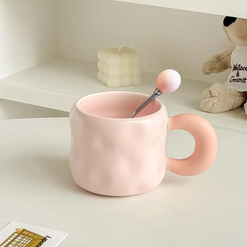Ceramic Mug with Lid + Spoon Cute Female Office Coffee Cup Contrast Couple Household Water Cup