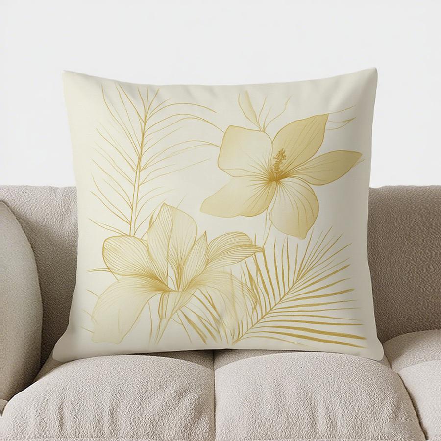 Home Decor Golden Floral & Palm Leaf Print Pillow Cover Pattern Cushion Cover Suitable For Sofa Bedroom Car Pillow Cover