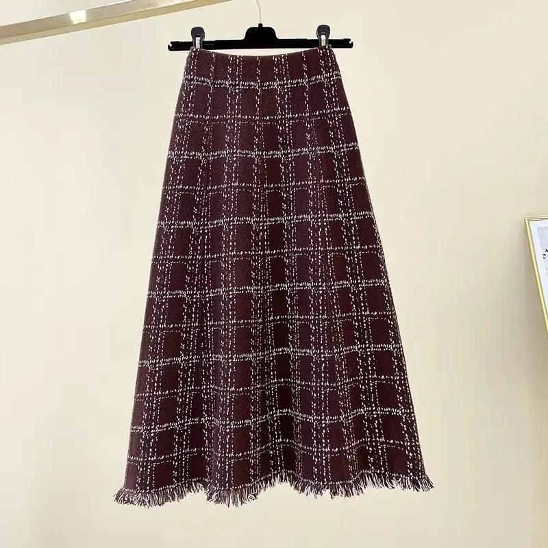 

Осень Зима Женская Повседневная Вязаная Юбка Женская Мода Кисточки Макси Юбка Корейская Женская Высокая Талия Клетка Длинные Юбки XS кофейный