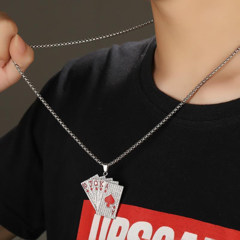 Retro Playing Card Hip-Hop Necklace for Men & Couples - Diamond-Studded Straight Flush Chain