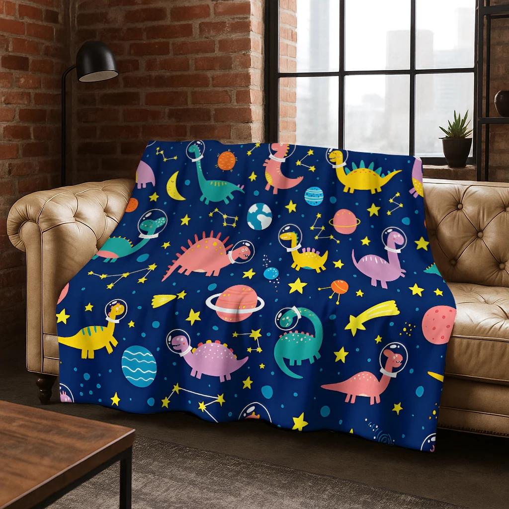 Child Cartoon Dinosaur Space Planet Flannel Blanket Soft Warm Blanket for Bedroom Room Living Room Office Travel Camping Picnic