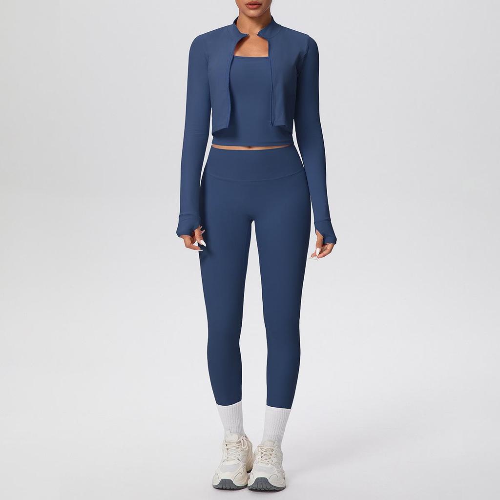 Women's Fitness Yoga Set: Shockproof Ribbed Tank, Zipper Jacket, High-Waisted Skin-Friendly Pants