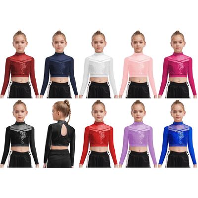 Costume de Performance Danse Jazz Fille Col Montant Manches Longues Patchwork Maille Transparente Sequins Brillants Crop Top Tenue de Danse