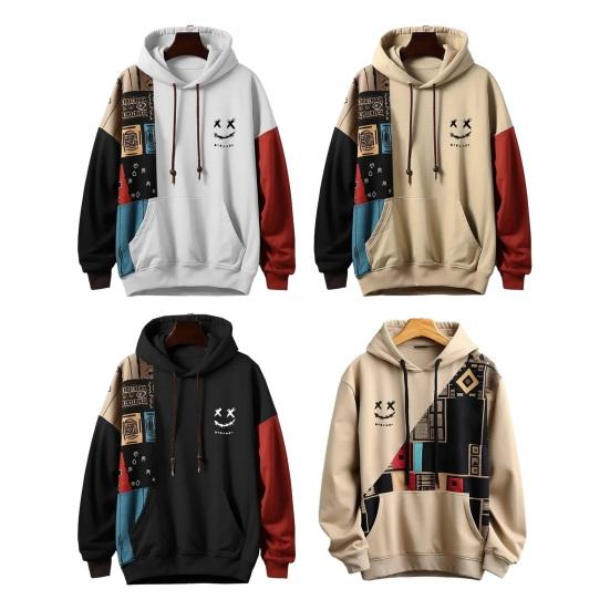 Outono inverno masculino hoodie solto manga longa cor combinando grande remendo bolso padrão dos desenhos animados retro com capuz grosso quente pulôver streetwear masculino topo