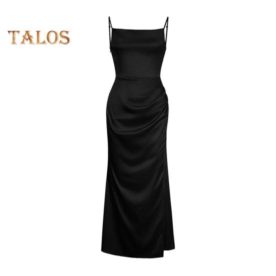 

Женское атласное облегающее платье с тонкими бретельками, боковая комбинация, длинное платье с воротником-хомут, сексуальное клубное платье миди для вечеринок, дней рождения, свадеб M чёрный