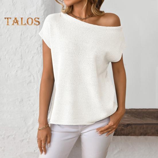 Women Tops Short Sleeve Screw Collar Solid Color T-Shirt Spring Summer Stretchy Pullover Tops Daily Wear