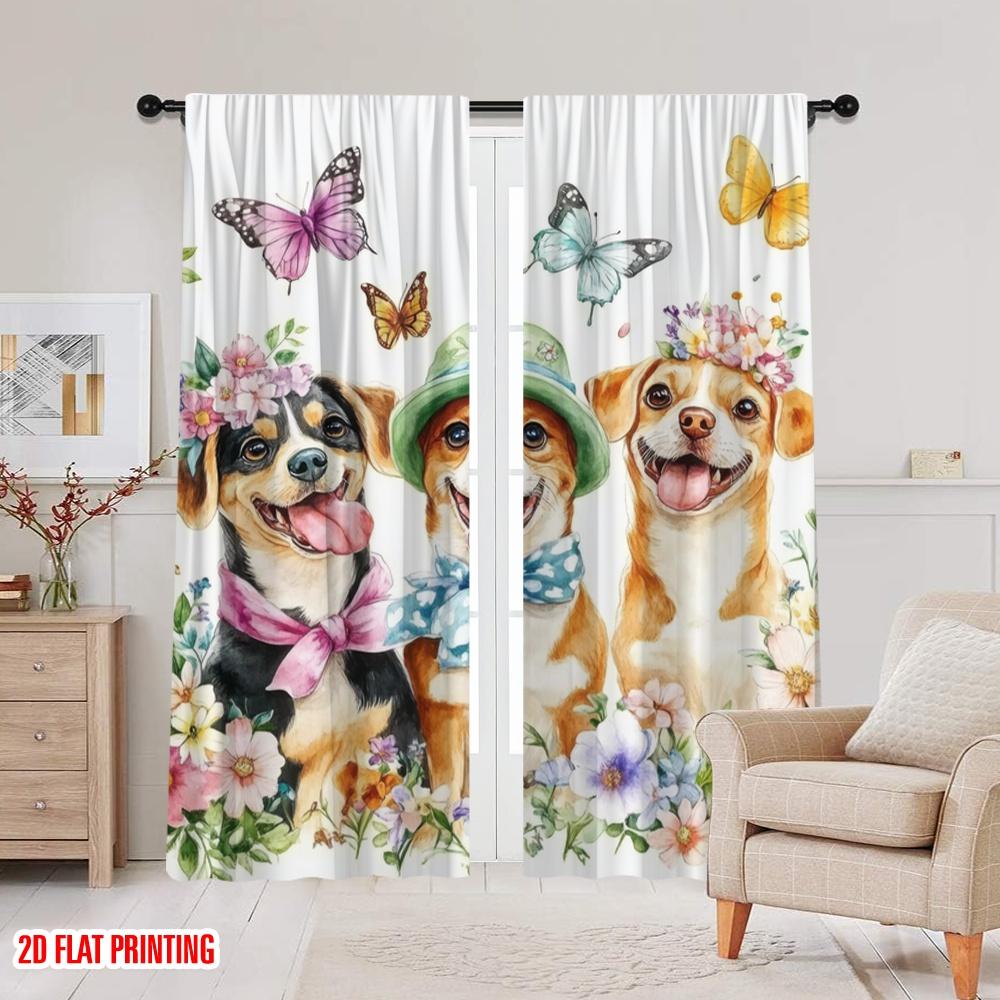 2pcs,2D plane printing Print Curtains Floral Canine Trio Durable 100% Polyester Fabric (without rod) Decorations For Home for