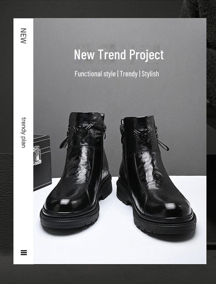 Férfi 2024 Brit Stílusú Fekete Bőr Motoros Csizma - Magasszárú, Vastag Talpú, Légáteresztő, Plusz Bársony.