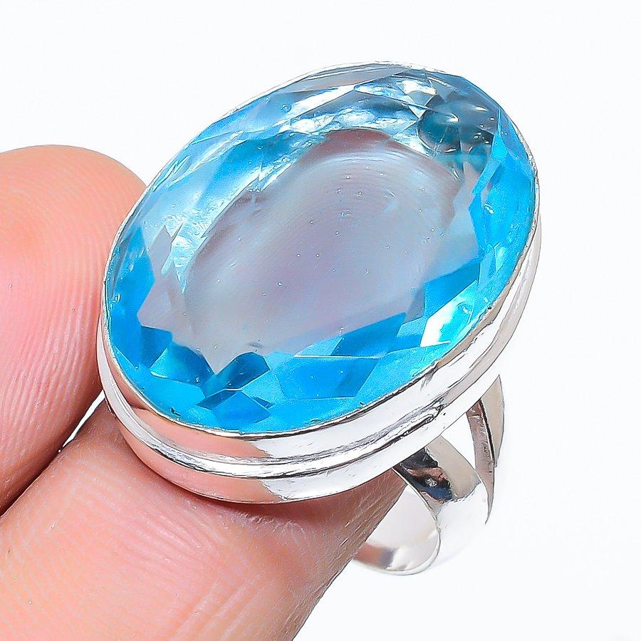 

Этническое ювелирное кольцо ручной работы с драгоценным камнем из швейцарского синего топаза, размер 9 SR-9847