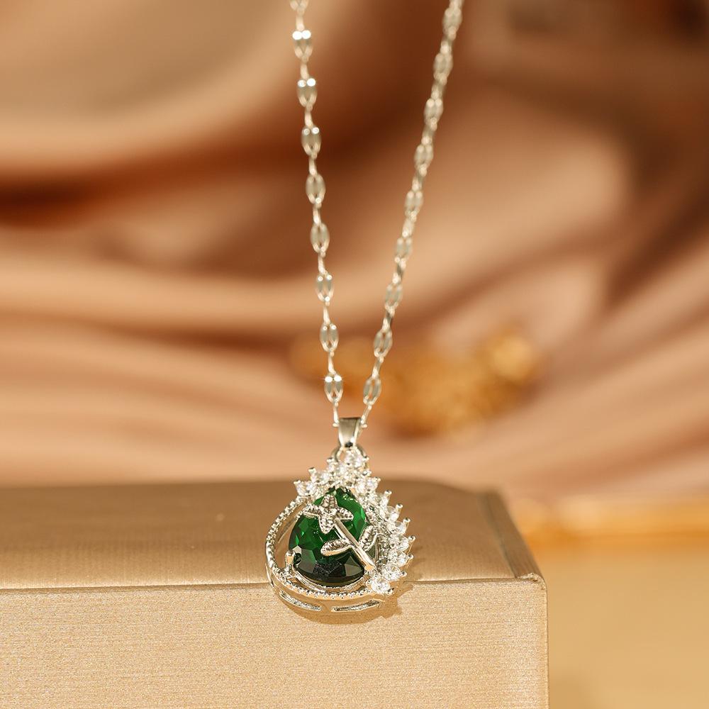 White Red Green Gem Zircon Water Drop Pendant Titanium Steel Necklace for Women - 2025 Fashion Trend