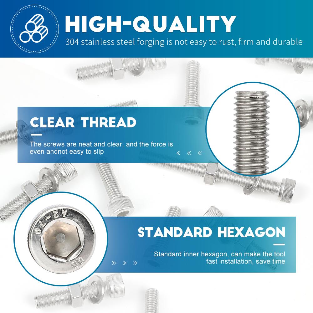 NINDEJIN M6 M8 M10 Bolts and Nuts Set Stainless Steel Big Size Allen Head Screw Kit Hex Socket Bolt Nut Set With Washers
