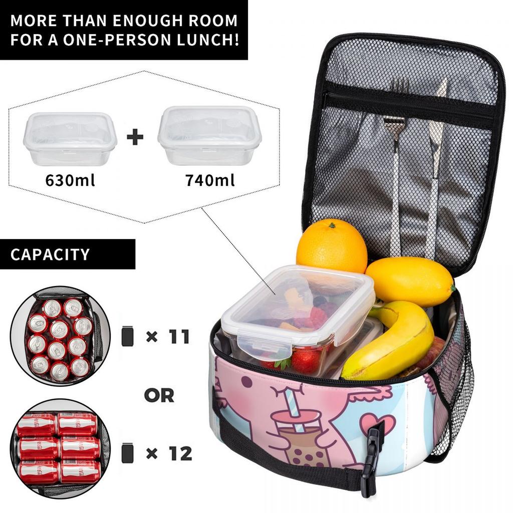 Niedliche isolierte Lunchtasche mit Axolotl-Milchtee-Print für Frauen und Kinder, tragbare Lebensmittelbox, Thermotasche